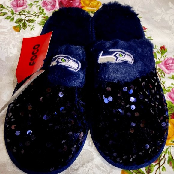 FOCO Women's NFL Logo Ladies Sequin Fashion Slippers, Team Color SeaHawks - Picture 1 of 9